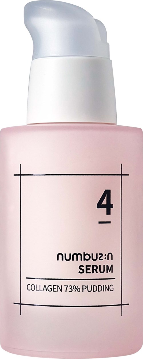 Een roze fles met witte pomp, gelabeld 'Numbuz'n Serum, Collagen 73% Pudding, nummer 4.