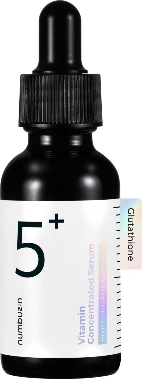 Zwarte druppelfles met vitamine C en 5+ voor huidverheldering en antioxidanten.