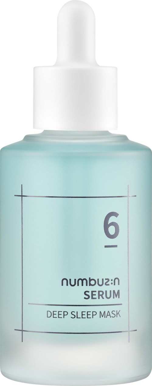 Een lichtblauwe fles met een witte druppeldop, gelabeld 'Number 6 Serum Deep Sleep Mask.'