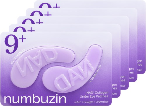 Numbuzin oogpatches in paarse verpakking helpen tekenen rond de ogen te verminderen met collageen en peptiden.