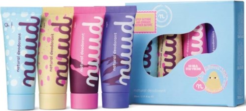 Four colorful tubes of deodorant and a matching box with a duck illustration.