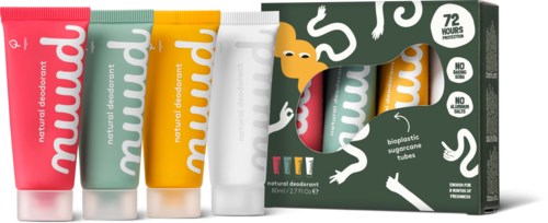Neljän väriväriä sisältävä luonnollisen deodorantin setti ja siihen sopiva laatikko, 72 tunnin suoja ja ei haitallisia aineita.