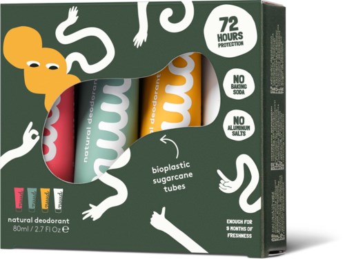 Pakkaus luonnollista deodoranttia ja kolme värikästä tippaa, suojaa 72 tuntia, ei leivinjauhetta tai alumiinisalpoja.