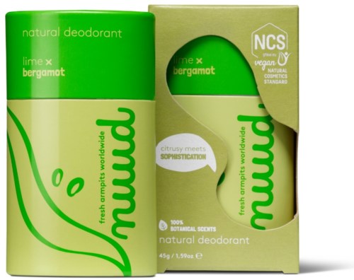Vihreä deodoranttikku, jossa lime ja bergamotti tuoksu, ja siihen sopiva ympäristöystävällinen ja vegaaninen laatikko.