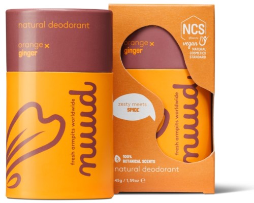 Deodorantipakkaus oranssin ja violetin värisenä, merkitty luonnolliseksi, vegaaniseksi, appelsiini- ja inkiväärituoksulla.