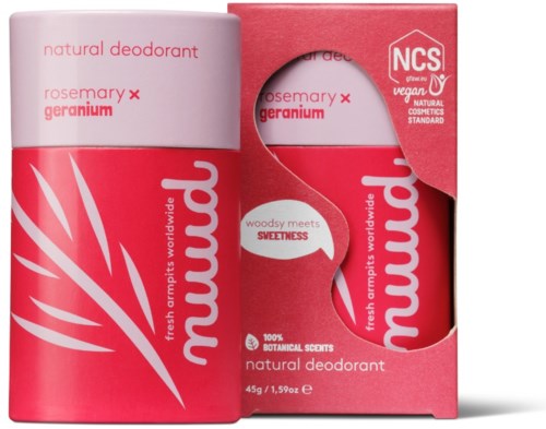 Punainen ja valkoinen säiliö ja laatikko luonnolliselle deodorantille rosmariinin ja geraniumin tuoksulla, NCS vegaanistandardi, 45 g.