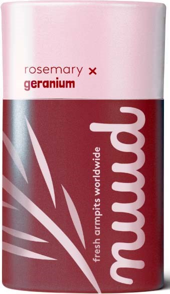 Hajuvetahappo pinkissä ja tummanpunaisessa värissä, jossa on tuoksu rosmariini geranium ja merkki 'mudd'.