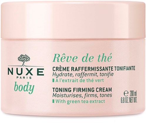 Pink container for firming cream with green tea extract, offers hydration and toning benefits.