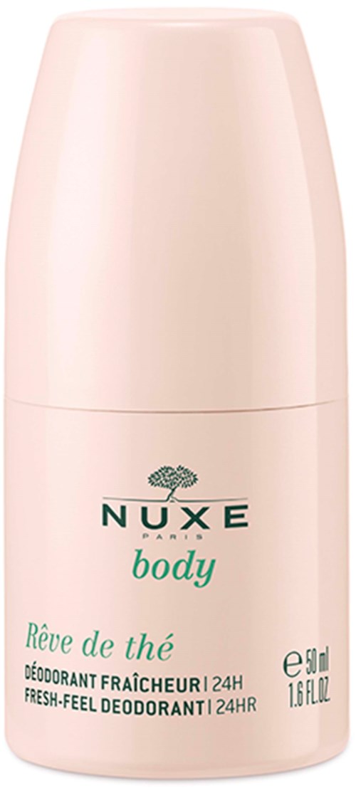 Een lichtroze roll-on deodorantflesje met groene en zwarte tekst, gemarkeerd NUXE, body en Rêve de thé.