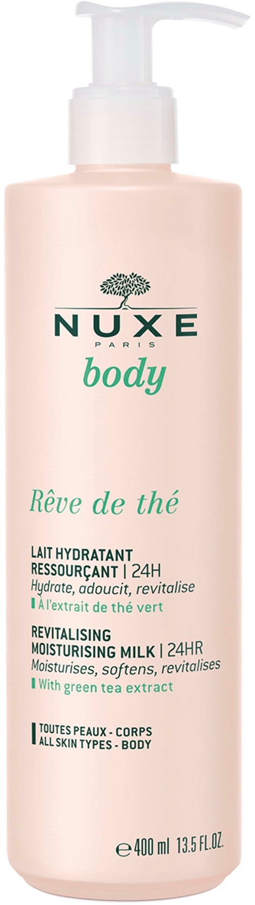 A pink bottle with a pump, labeled NUXE body, green tea moisturizer for all skin types, 400 ml.