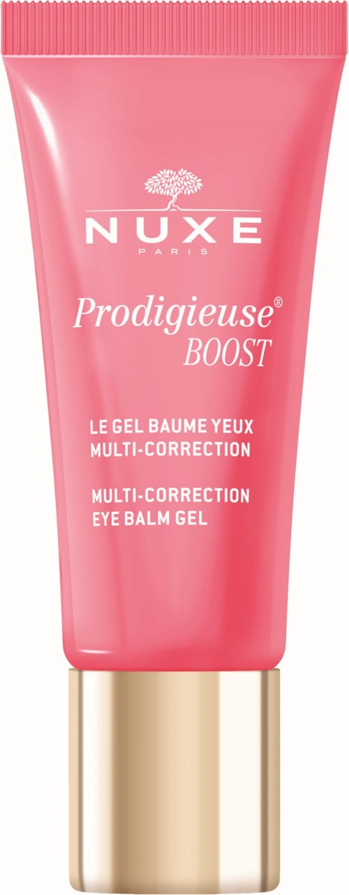 A pink tube with gold cap, showing NUXE logo and product name for eye balm gel, promoting multi-correction benefits.