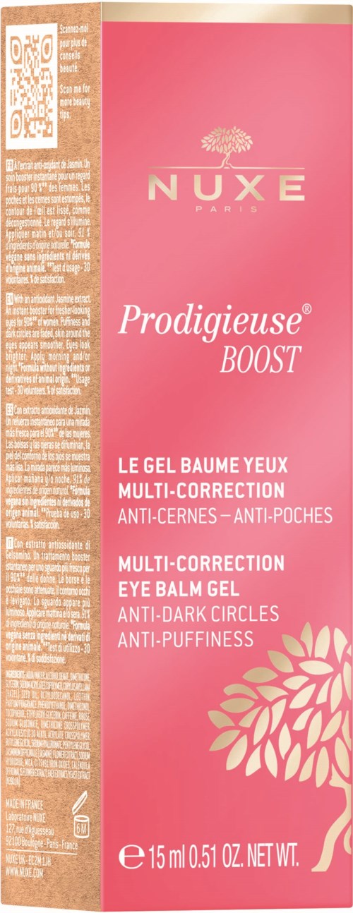 Pink box with white and gold text, labeled Nuxe Prodigieuse Boost eye balm gel for dark circles and puffiness.