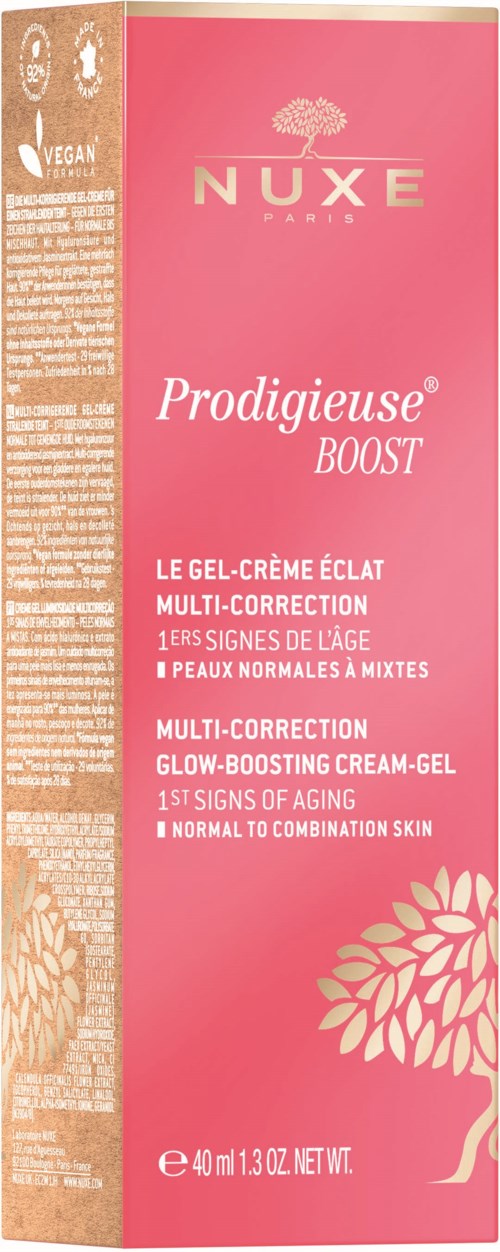 Färgglad box med NUXE-logga, produktnamn Prodigieuse Boost, beskrivning på franska och engelska samt en blommönsterillustration.