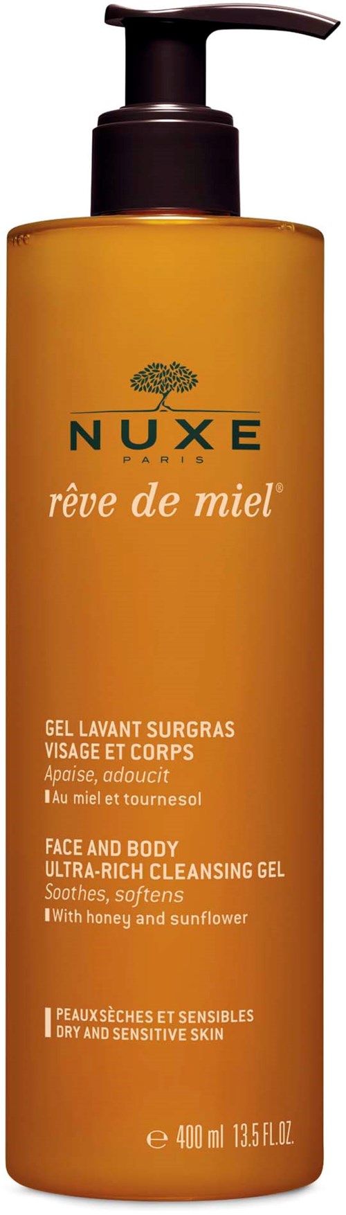 Een gele fles met een zwart pompje, genaamd Nuxe Rêve de Miel, is een gezichts- en lichaamsreinigingsgel met honing en zonnebloem.