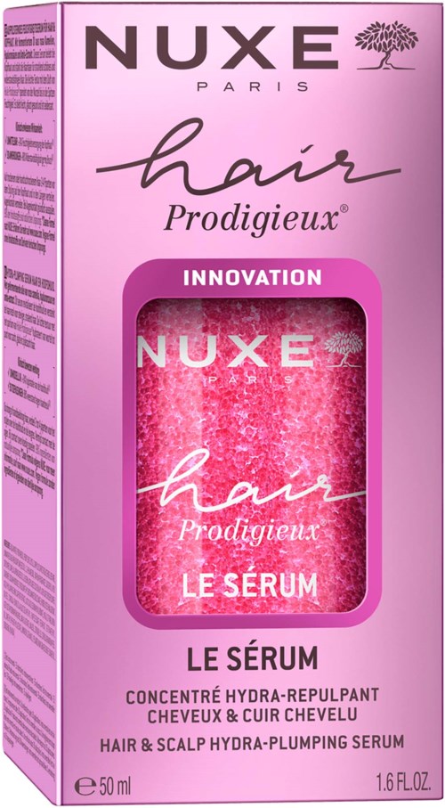 A pink box with hair serum inside, labeled for hair and scalp hydration, from NUXE Paris, containing 50ml.
