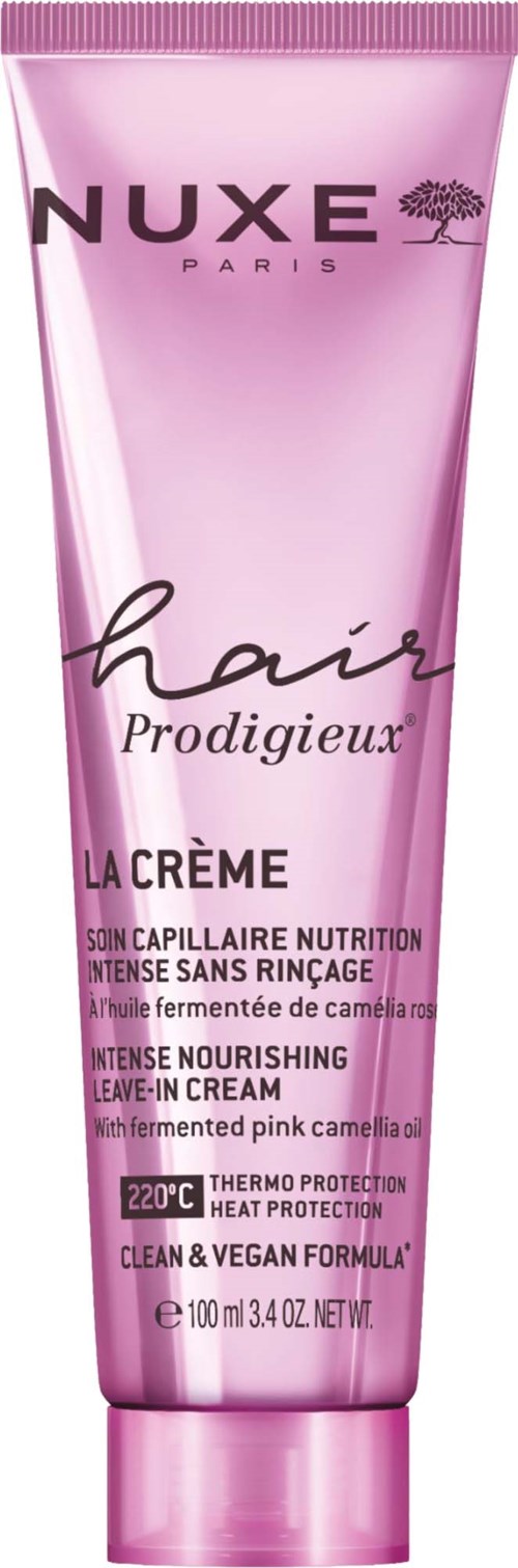 Pink tube of Nuxe hair nourishing leave-in cream with ingredients for heat protection and damaged hair.
