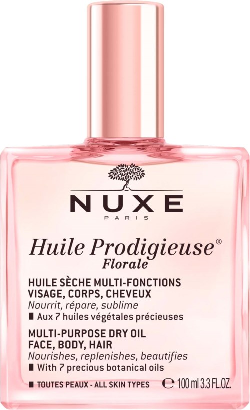 En rosa flaske med Nuxe Huile Prodigieuse Florale tørrolje for ansikt, kropp og hår med blomsterbranding og produktdetaljer.
