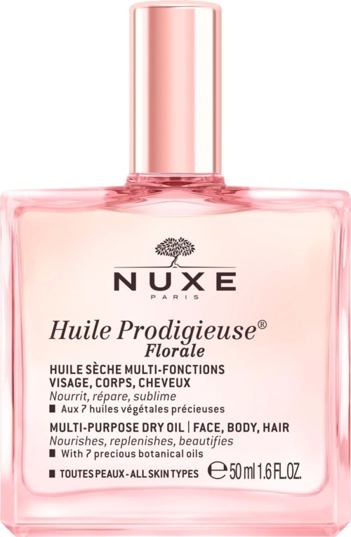 Rosa flaske med Nuxe Huile Prodigieuse Florale for ansikt, kropp og hår, inneholder flerbruks tørrolje med botaniske ingredienser.