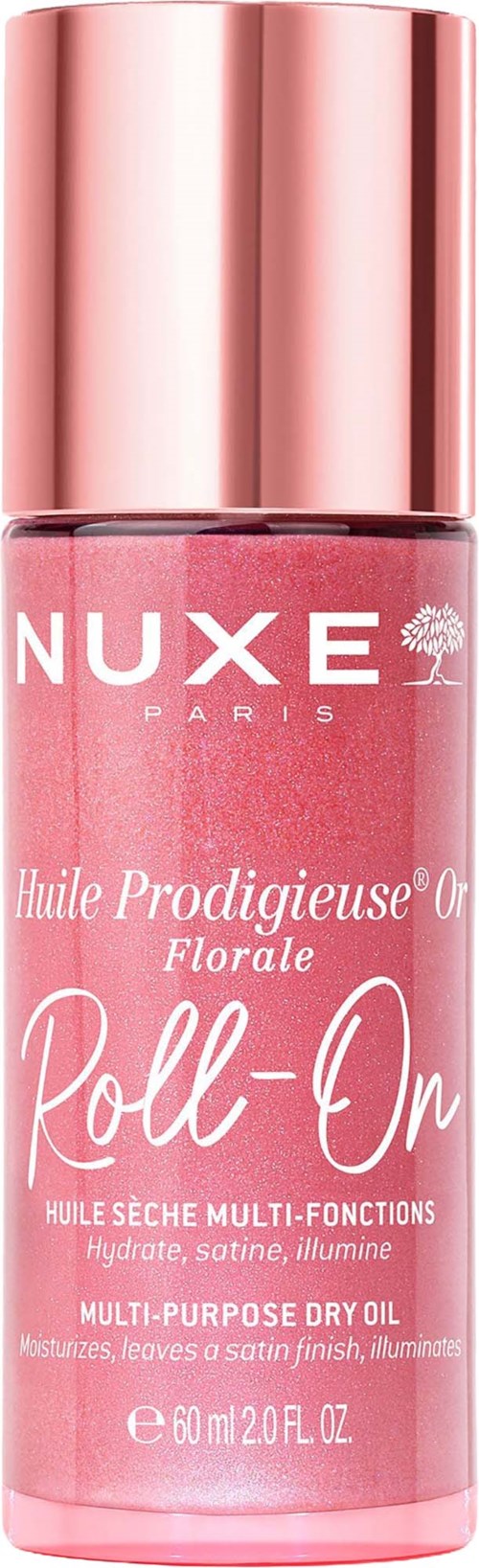 A pink bottle of Nuxe floral dry oil with a rose gold cap, labeled as multi-purpose for hydration and shine.