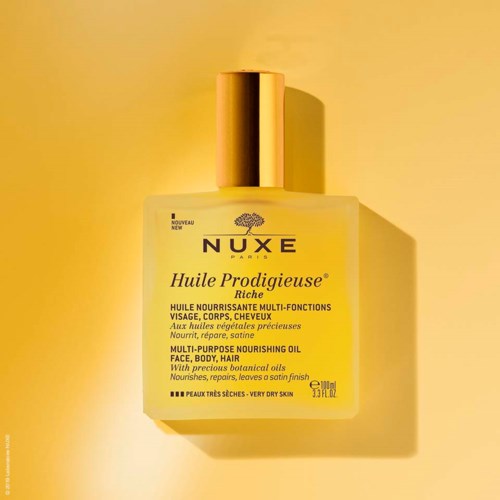 Nuxe Huile Prodigieuse Riche multi-purpose nourishing oil for face, body, and hair, with botanical oils for dry skin.