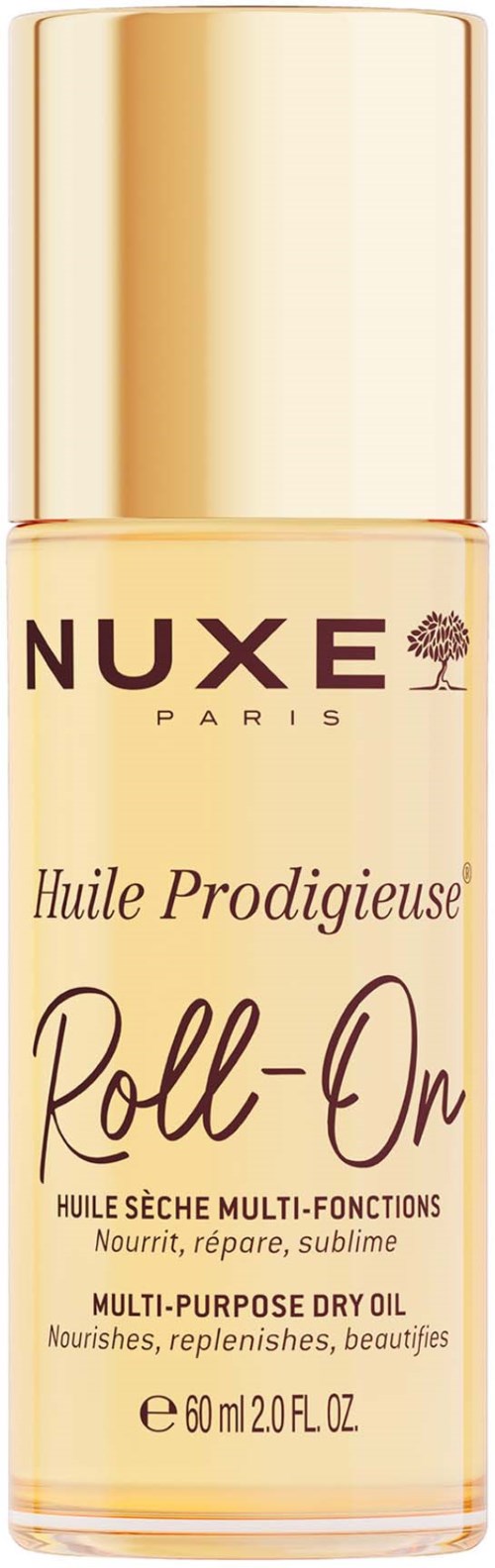 A bottle of Nuxe Paris dry oil with gold cap and cream label, describing multi-purpose nourishing skincare.