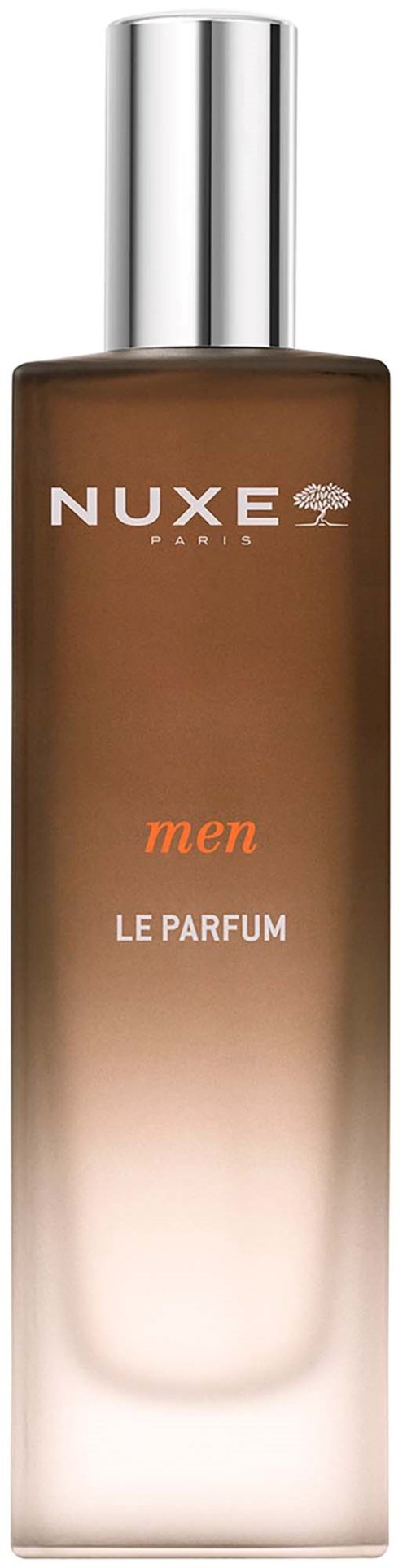 En brun parfymeflaske med sølvlokk, merket NUXE Men Le Parfum.