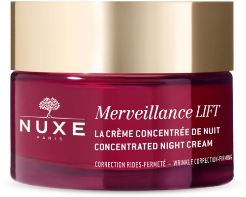 A red jar with a gold lid labeled NUXE Merveillance Lift concentrated night cream.