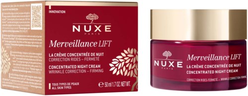 A jar and box of Nuxe Merveillace Lift night cream for all skin types, designed to reduce wrinkles and firm the skin.
