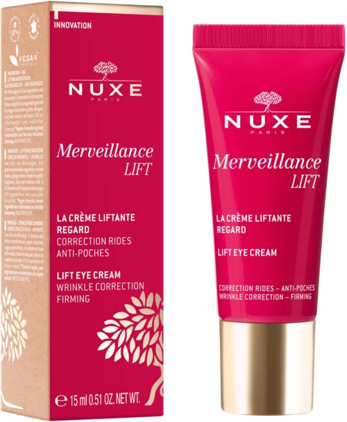 Rosa tub och förpackning av Nuxe Merveillance Lift ögonkräm med guldkap, beskrivs som lyftande och spänstgivande.
