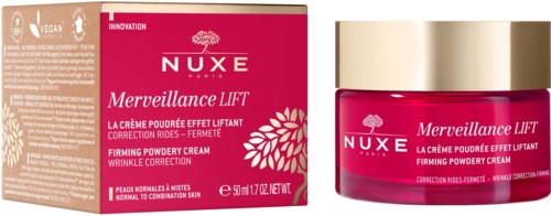 Das Produkt ist ein rosa Gefäß mit festigende Pudercreme mit Golddeckel, und die Verpackung ist rosa mit weißem Text und Design.