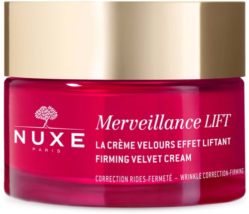 Ein rosa Behälter mit Nuxe Festigkeits-Glättungscreme mit goldener Abdeckung, gekennzeichnet als Merveillance Lift zur Faltenkorrektur.