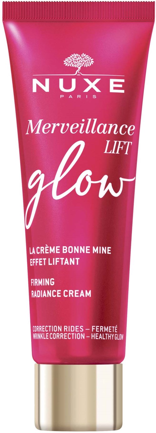 Rote Tube von Nuxe Merveillance Lift Glow Radiance Cream mit goldener Kappe, Text erwähnt straffung und gesunden Glanz.