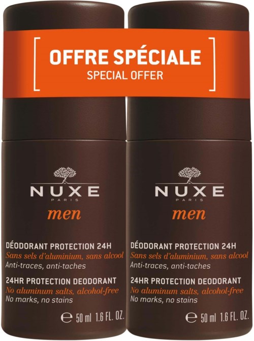 Two brown deodorant bottles with a red label that says 'Special Offer' in French and English. Nuxe Men is written on the bottles.