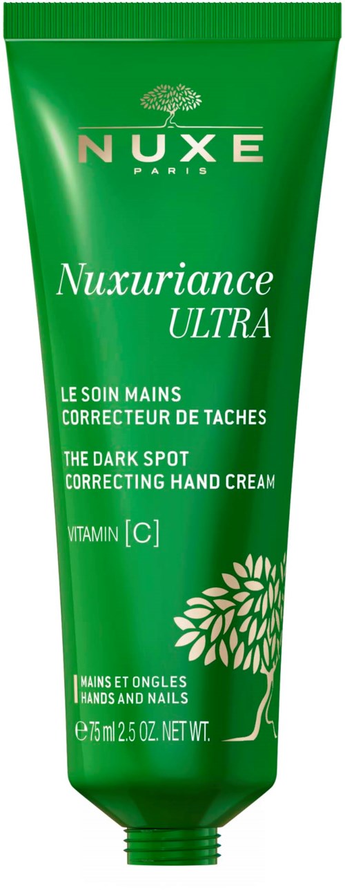 Grön tub med hand- och nagelkräm, vit och ljusgrön text, trädillustration och NUXE-logga.