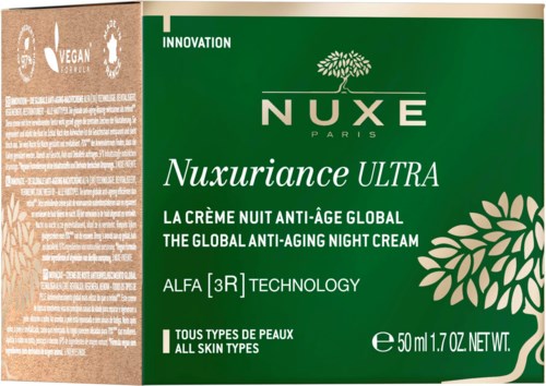 Grön och brun förpackning för NUXE Ultra nattkräm för alla hudtyper, med text på franska och engelska.