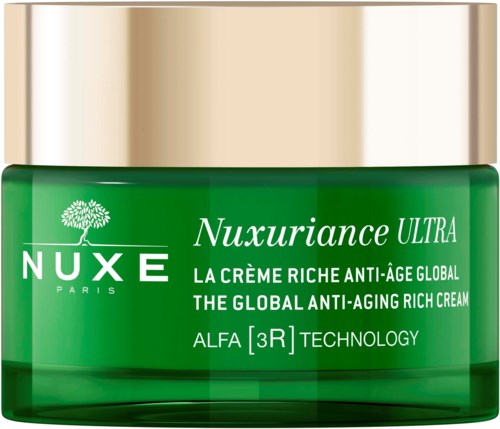 Grüner Behälter mit goldener Abdeckung, Marke Nuxe Nuxuriance Ultra Anti-Aging Creme, hebt Luxus und Hautpflege hervor.