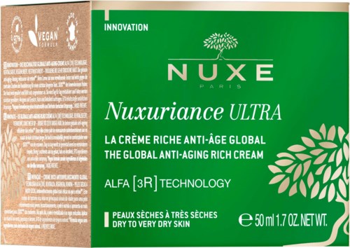Grüner Karton mit weißem und grünem Text, zeigt Produktname Nuxe Nuxuriance Ultra, Anti-Aging-Creme für sehr trockene Haut, 50ml.