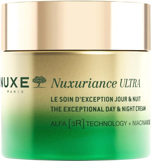 Ein Behälter mit Nuxuriance Ultra Tages- und Nachtcreme, goldener Deckel, grüner Farbverlauf, französische und englische Etiketten.