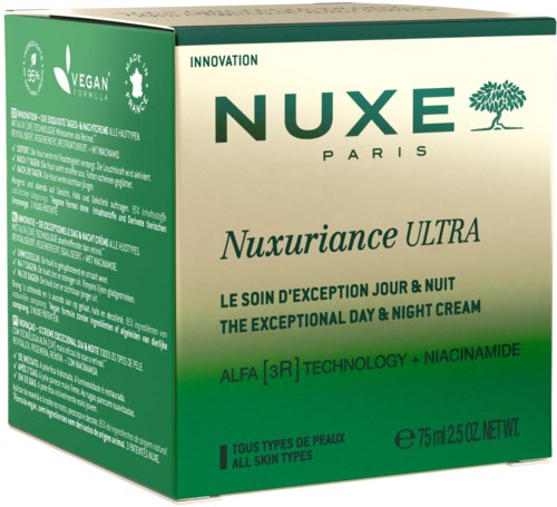 Verpackung mit Nuxe Gesichtscreme für Tag und Nacht, vegan und natürliche Inhaltsstoffe, geeignet für alle Hauttypen.