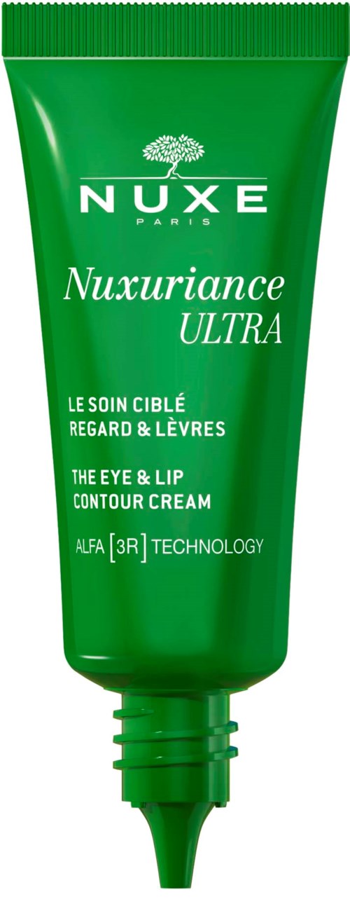 Groene tube oog- en lipcontourcrème van Nuxe met productinformatie en technologie.