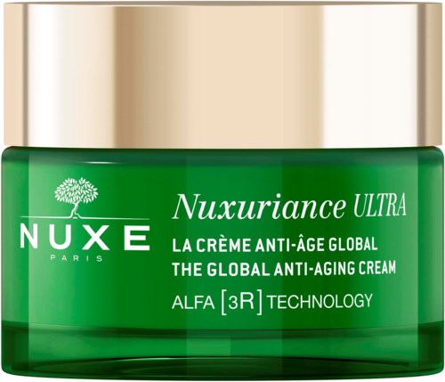 Ein grüner Behälter mit Nuxe Nuxuriance Ultra Anti-Aging Creme, goldene Deckel und weißen Text.