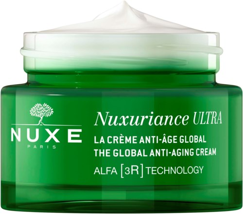 Grüner Behälter mit Nuxe Anti-Aging-Creme, weißer Deckel, beschriftet 'Nuxuriance Ultra' und 'The Global Anti-Aging Cream'.