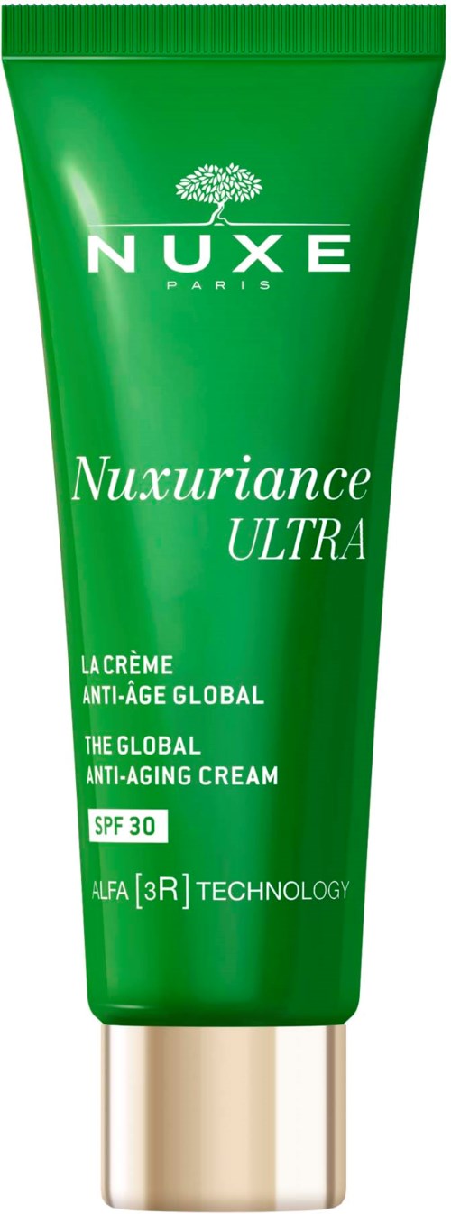 Eine grüne Tube Nuxe Nuxuriance Ultra Anti-Aging-Creme mit SPF 30, mit weißen und goldenen Beschriftungen.