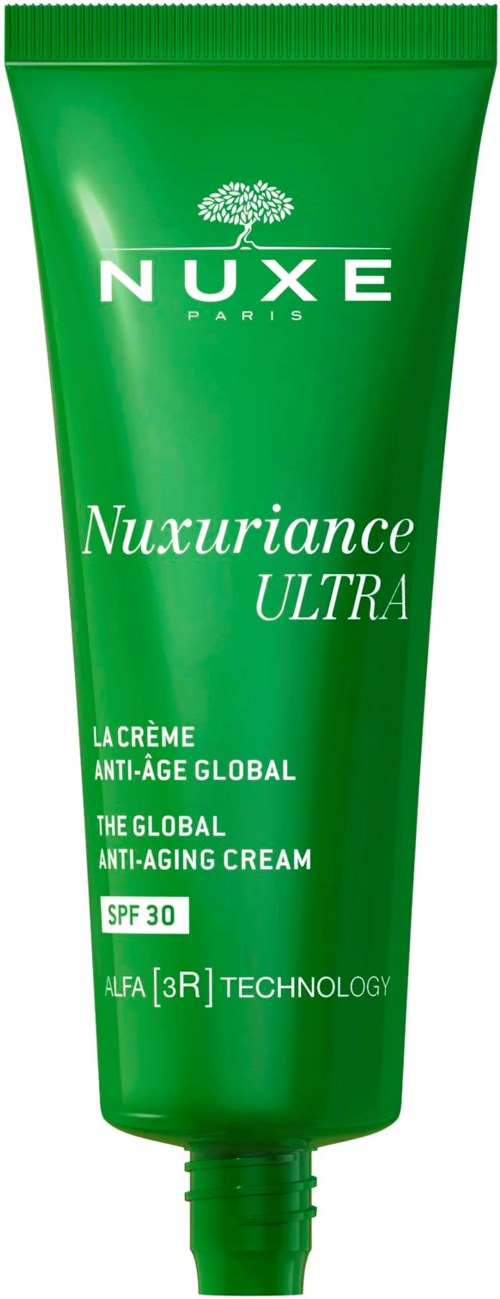 Grüne Tube mit Nuxe Anti-Aging-Creme mit SPF 30, bezeichnet Nuxuriance Ultra, mit Pflanzen-Ikonen und Produktdetails.