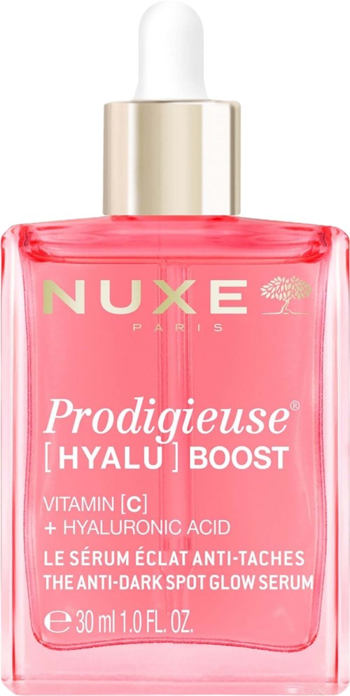 En rosa hudvårdsserumburk med guld- och vitkapsling, märkt Prodigieuse Hyalu Boost med vitaminer och hyaluronsyra.