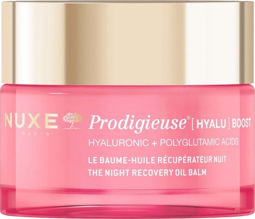 Pink burk med guldkork märkt NUXE Prodigieuse Hyalu Boost nattbalsam.