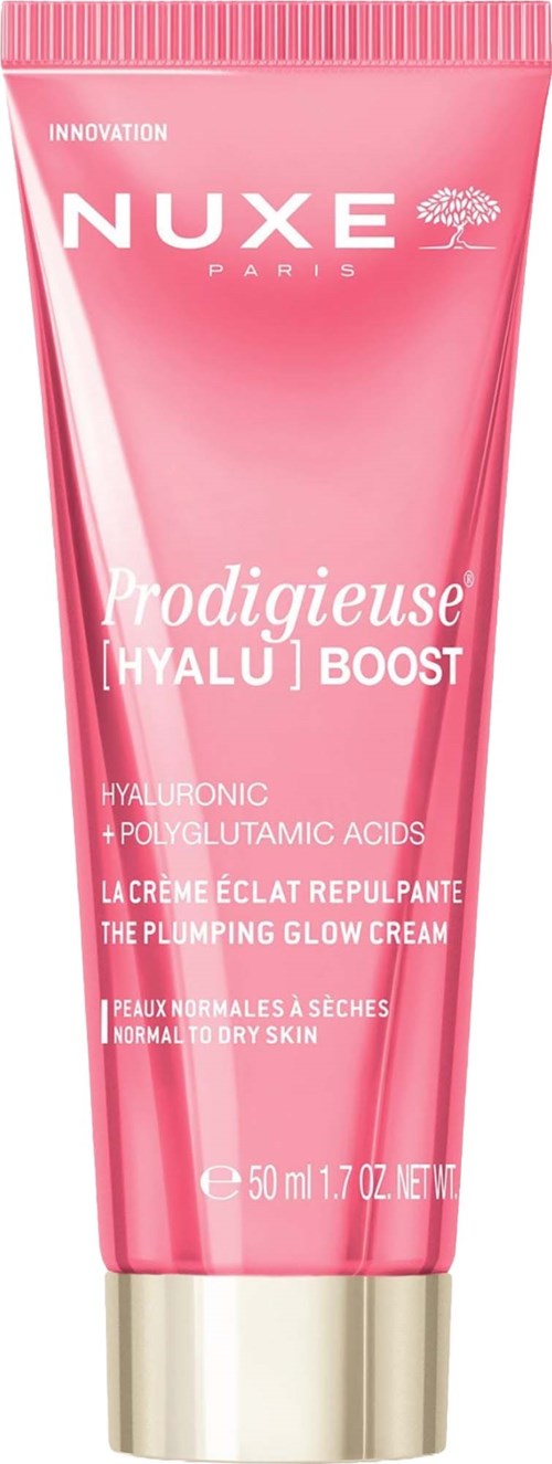 Rosa tub med hudvårdskräm från Nuxe Prodigieuse Boost med hyaluronsyra och andra syror, för torr hud, 50 ml.