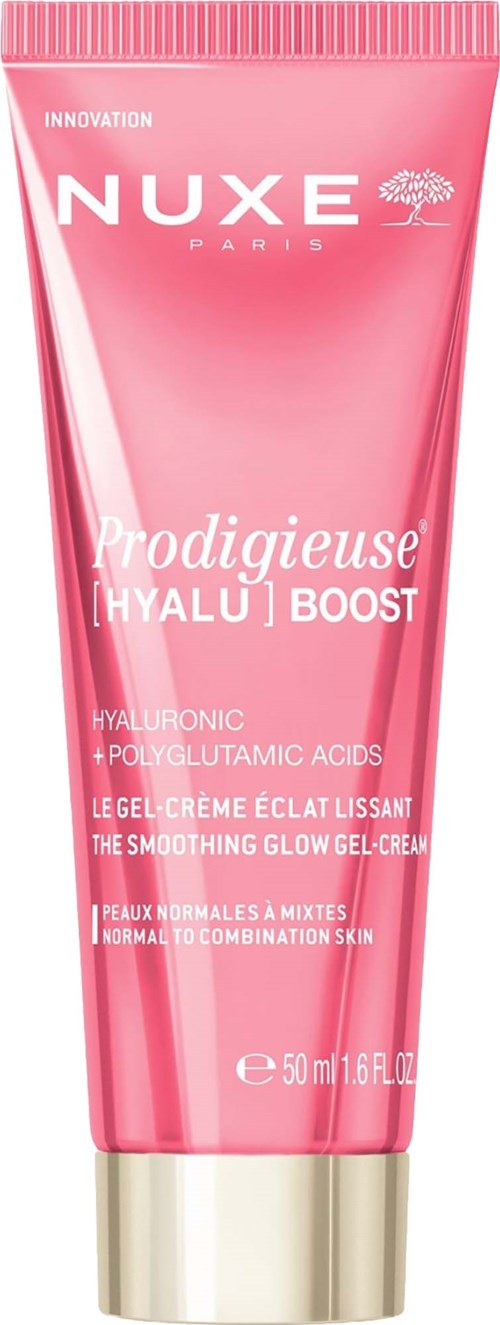En rosa tub med Nuxe Prodigieuse Hyalu Boost gel-kräm för att jämna ut, med ingredienser som hyaluronsyra och polyglutaminsyra.