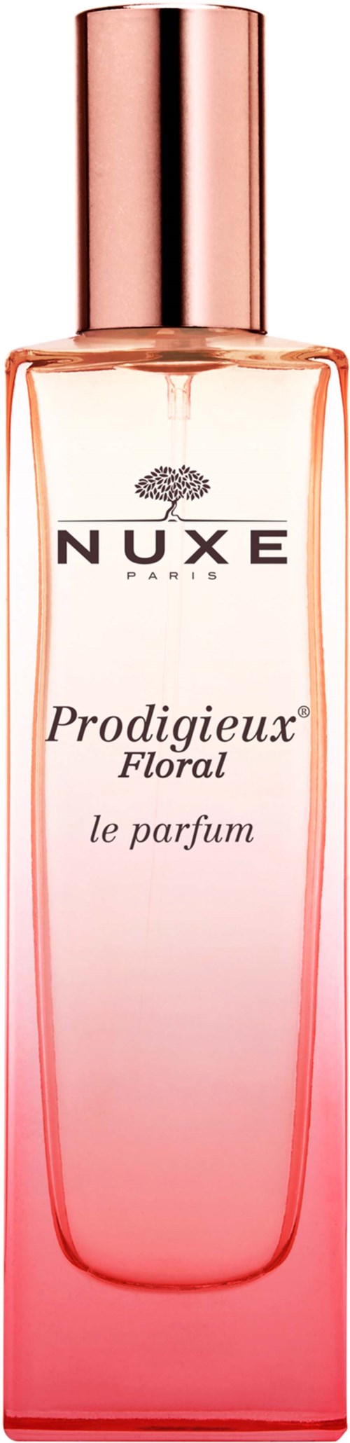 En hög parfymflaska med ett rosfärgat lock och en gradient från rosa till klar. Etiketten säger 'NUXE' och 'Producieux Floral'.