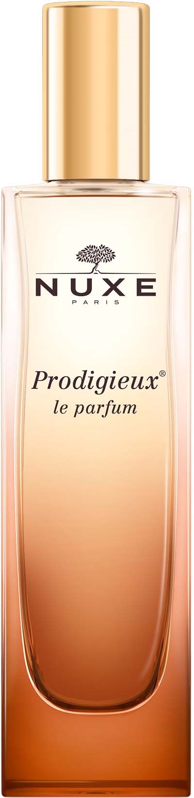 Een lange parfumfles met een gouden dop en een beige tot roze verloop. Het heeft het Nuxe-logo en de woorden "Prodigieux le parfum."